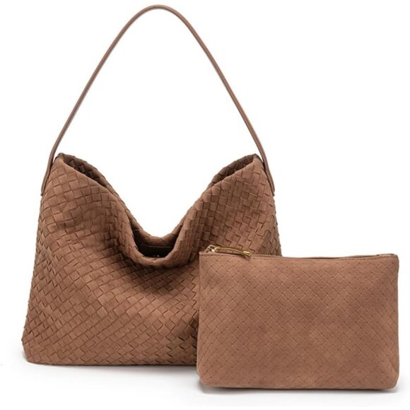 Handbags - Practical Brown Woven Suede Handbag with Magnetic Closure & Clutch - 13.4x4x10.3